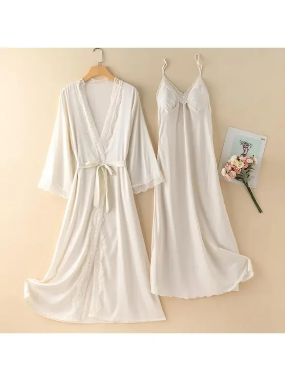 Bride Kimono Robe Gown Sleep Suit Women Sleepwear Chemise Nightgown Set Sexy Bathrobe Lace Wedding Nightwear Satin Loungewear