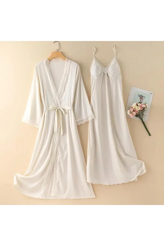 Bride Kimono Robe Gown Sleep Suit Women Sleepwear Chemise Nightgown Set Sexy Bathrobe Lace Wedding Nightwear Satin Loungewear