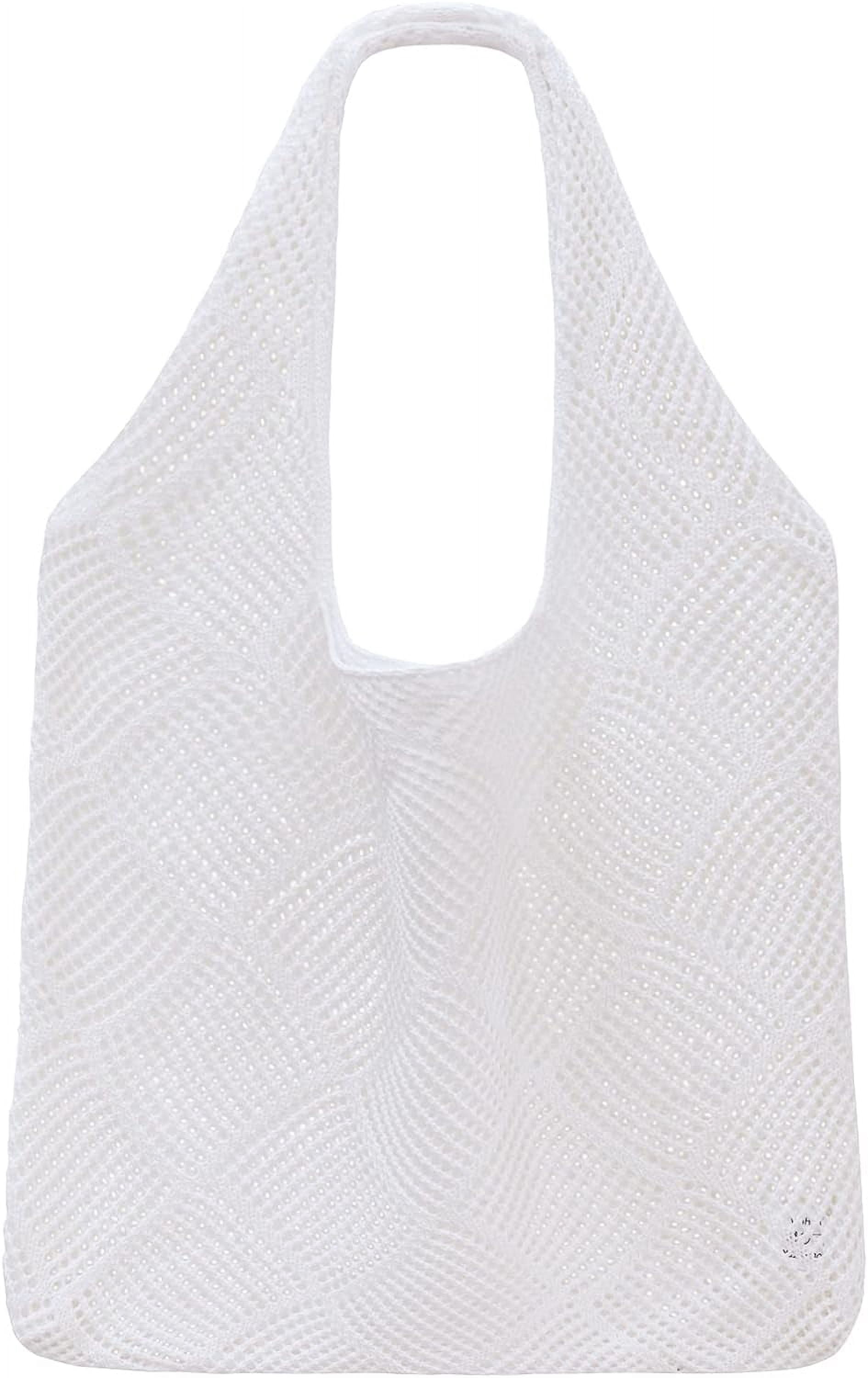Aliceset 2 Pack Beach Tote Set - Crochet Mesh Tote Bag & Letter Patch Cosmetic Bag, Khaki & White