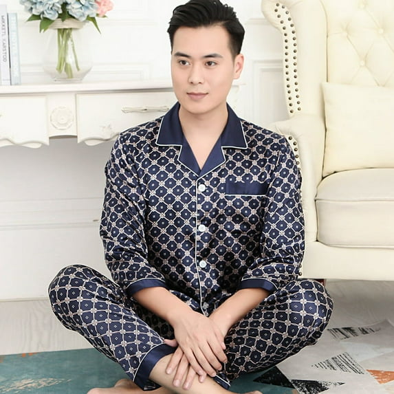 QIUTIAN High Quality Pajamas Set Men Spring Autumn Thin Polyester Ice Silk Long-sleeved Sleepwear Plus Size Summer Home Clothes Male