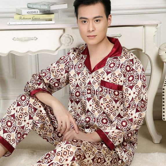 QIUTIAN High Quality Pajamas Set Men Spring Autumn Thin Polyester Ice Silk Long-sleeved Sleepwear Plus Size Summer Home Clothes Male