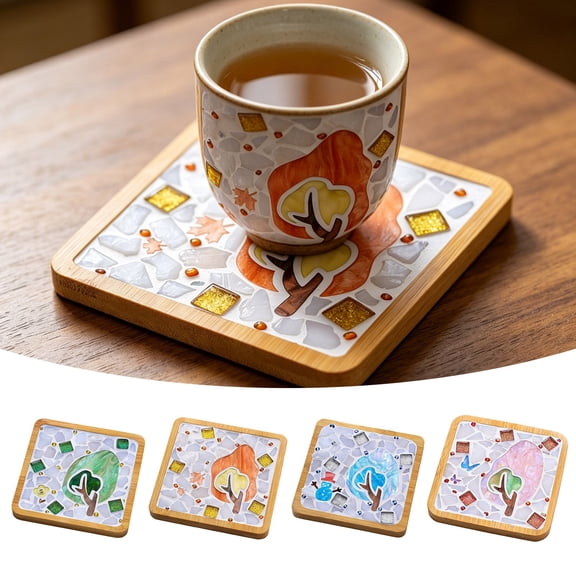 QIUXUJ - 1 Set Mosaic Kits for Adults with Wooden Coasters, Mixed Color Glass Mosaic Tiles Craft Kits for Adults Women, Complete Mosaic Coaster Making Kit for Home Decor Gifts (A)
