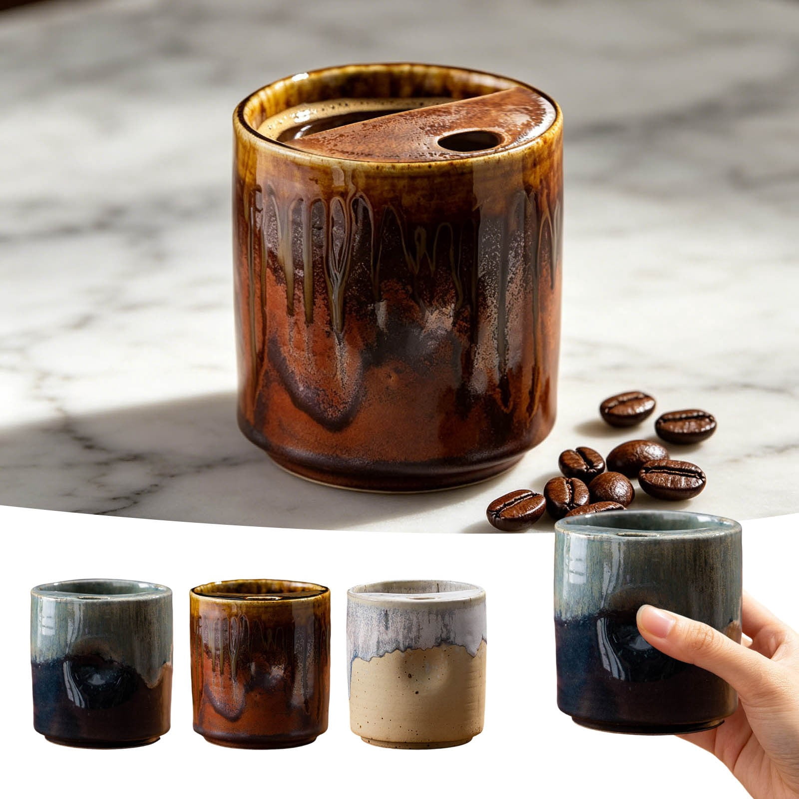 QIUXUJ-1pc Retro Ceramic Espresso Cup with Straw, Vintage Style Thick Wall Porcelain Coffee Mug, Small Demitasse Cup for Home Kitchen Cafe Daily Coffee Drinking (Brown)