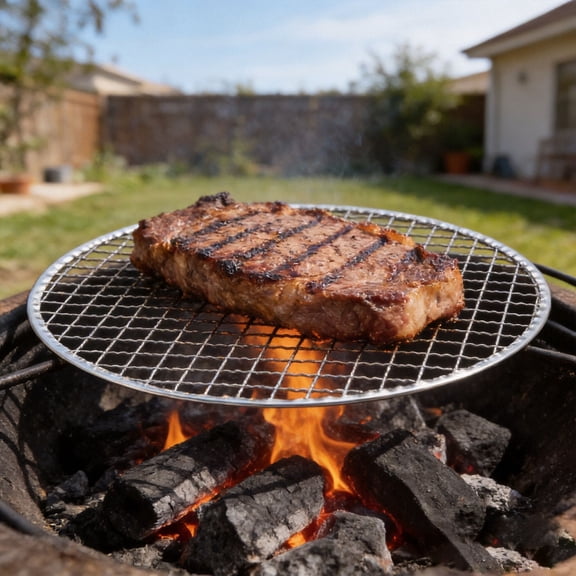 QIUXUJ- 27cm Diameter Round Chrome Plated Metal BBQ Grill Grid, Rustproof Woven Wire Cooking Grate, Multipurpose Barbecue Grilling Rack for Outdoor Campfire & Indoor Oven Cooking Essentials