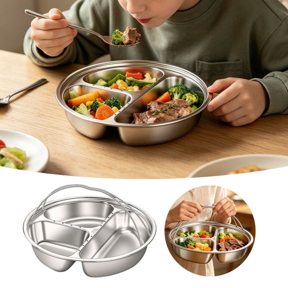 QIUXUJ-3 Compartment Steamer Plate with Handle, Stainless Steel Divided Serving Tray for Steaming, Serving, Storing, Kitchen, Outdoor Camping, Home Use (A)