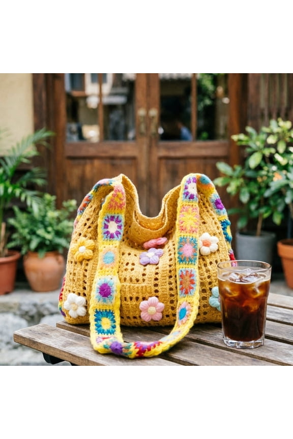 -30×28cm Crochet Floral Woven Tote Bag, Hollow Knit Summer Beach Bag with 3D Flower Decor, Casual Handmade Straw Shoulder Bag for Vacation, Travel & Daily Shopping Essentials (Yellow)