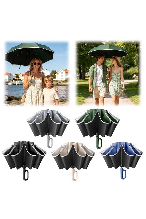 - 38cm Inverted Reverse Folding Windproof Umbrella, Inside-Out Hook Handle Rain Umbrella, Wind Resistant Waterproof Outdoor Travel Car Accessory for Daily Commute & Outdoor Activity (Beige)