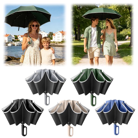 QIUXUJ- 38cm Inverted Reverse Folding Windproof Umbrella, Inside-Out Hook Handle Rain Umbrella, Wind Resistant Waterproof Outdoor Travel Car Accessory for Daily Commute & Outdoor Activity (Beige)