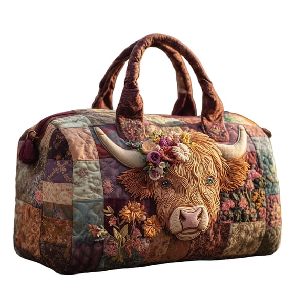 QIUXUJ - 45cm 1PC Highland Cow Print Travel Duffel Bag, Quilted Canvas Weekender Tote, Spacious Overnight Bag for Gym, Travel & Weekend Getaways (F)