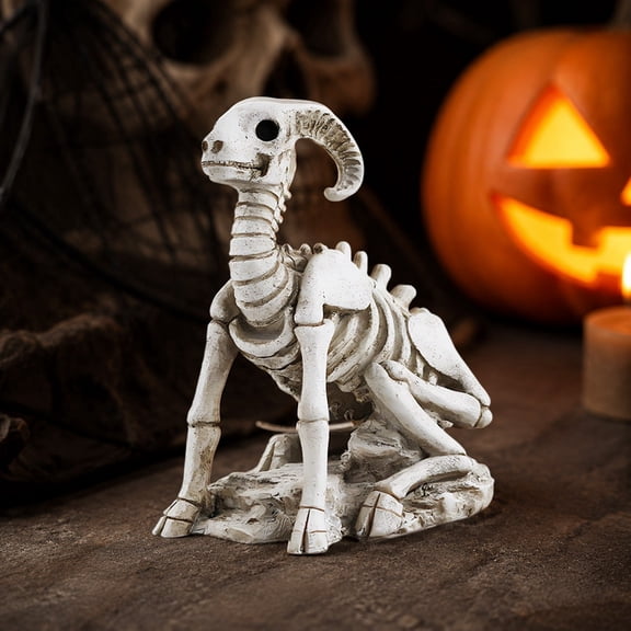 QIUXUJ - 9.5cm Full Skeleton Goat Resin Statue, Halloween Decorations Indoor, Vintage Bone Finish Gothic Animal Skull Sculpture For Table Fireplace Yard Display (C)