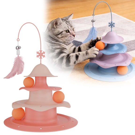 QIUXUJ-Cat Three-Layer Cat Turntable Toy, Multi-Layer Track Ball Cat Toy, Cat Self Fun Puzzle Toy Turntable, Natural Feather Cat Stick, Thick Material Bottom, Anti Move (Pink)
