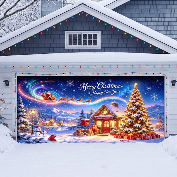 QIUXUJ - Christmas Garage Door Cover, Merry Christmas Winter Santa Sleigh Background, 16*7ft (Blue3)