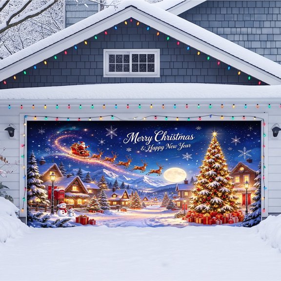 QIUXUJ - Christmas Garage Door Cover, Merry Christmas Winter Santa Sleigh Background, 16*7ft (Purple1)