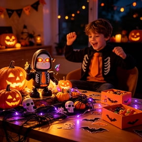 QIUXUJ - Dancing Halloween Robot Skeleton Toy with Music and LED Eyes, Animated Skeleton Robot for Youngsters, Halloween, Black (B)