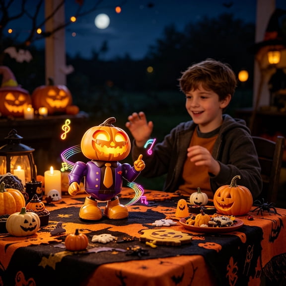 QIUXUJ - Dancing Halloween Robot Skeleton Toy with Music and LED Eyes, Animated Skeleton Robot for Youngsters, Halloween, Orange (A)