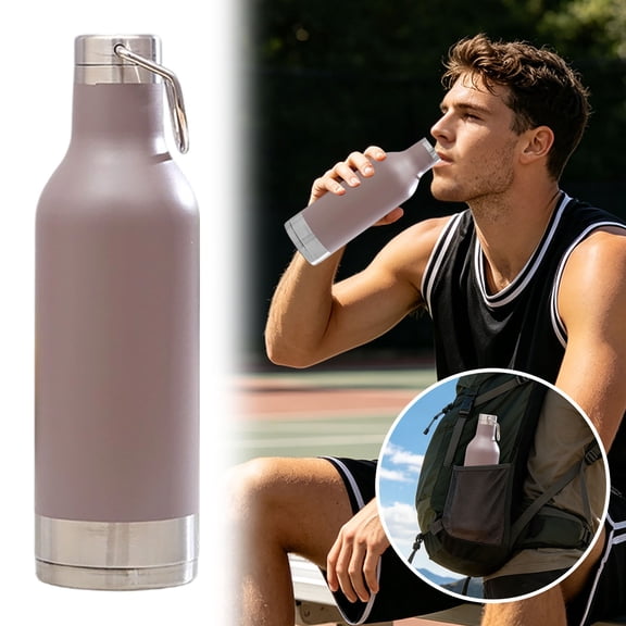 QIUXUJ - Double Walled Stainless Steel Vacuum Insulated Sports Water Bottle with Portable Stainless Lid, Wide Mouth (Brown 25oz)