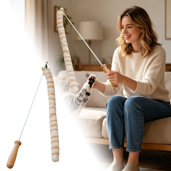 QIUXUJ-Fuzzy Tiger Tails Teaser Wand Cat Toy with Bell, White Cat Teaser Stick Plush Tail Interactive Teasing Toy for Indoor Kittens Encourages Physical Activity and Engagement (A)