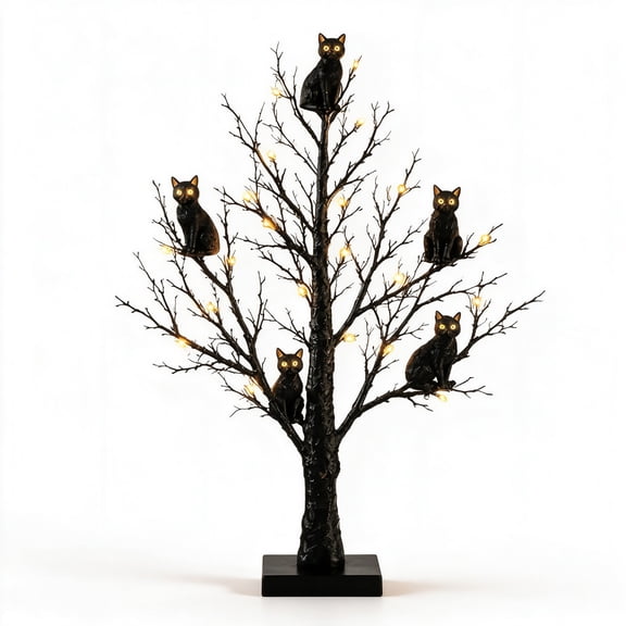 QIUXUJ - Glowing Black Cat Tree Halloween Tabletop Decor, Halloween Black Cat Tabletop Tree Decor with LED Lights,Spooky Centerpiece Decor for Mantel Table Home Party Indoor Decoration (D)