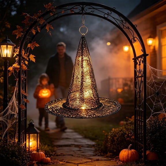 QIUXUJ - Light Up Black Mesh Witch Hat Hanging Lamp, Glowing Halloween Cone Ornament with Hanging Ring & Multiple Light Modes, Spooky Pendant Decor for Porch, Tree, Window, Indoor & Outdoor Party