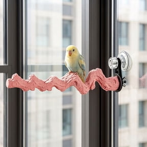 QIUXUJ - Parrot Perch Window Bird Stand Strong Suction Cup, Bionic Textured Resin Bird Perch for Small Birds, Nail Grinding Chew Toys for Cockatiel Parakeet Conure Cage Accessories (Pink)
