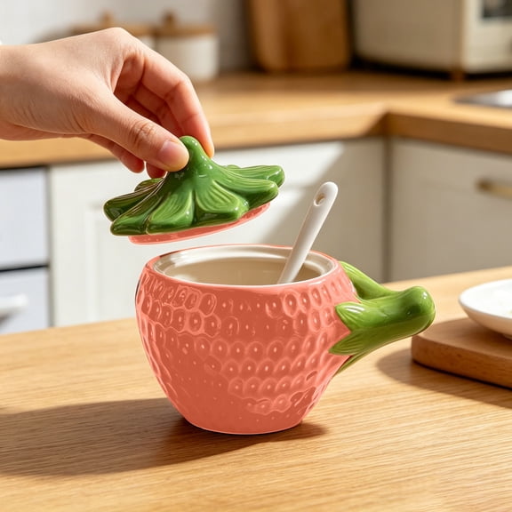 QIUXUJ - Strawberry Ceramic Salt Cellar with Spoon & Lid - Pink Cute Kitchen Countertop salt dispenser, Elegant and Functional Salt Storage Container (Pink)