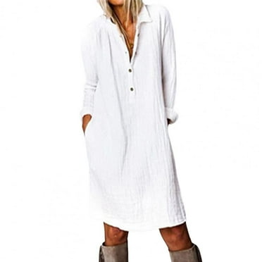 QIUYI Autumn Dress Long Sleeves Pullover Solid Buttons Loose Breathable Half-Single Breasted Plus Size Pure Midi Dress Women Clothes