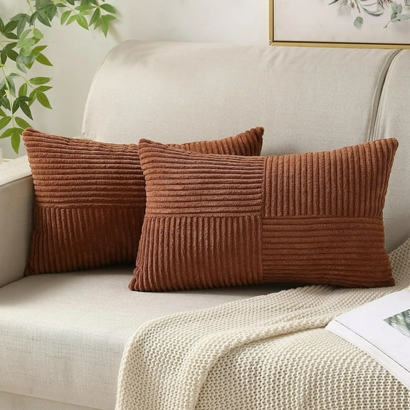 QIUYI Brown Throw Pillow Covers 12x20 Inches Rectangular Cushion Cases Patchwork Textured Striped Corduroy Throw Pillowcase for Couch