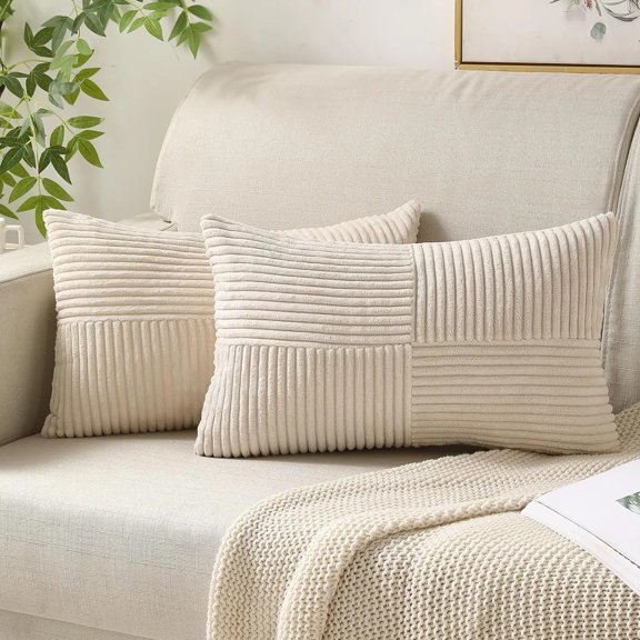 QIUYI Brown Throw Pillow Covers 12x20 Inches Rectangular Cushion Cases Patchwork Textured Striped Corduroy Throw Pillowcase for Couch