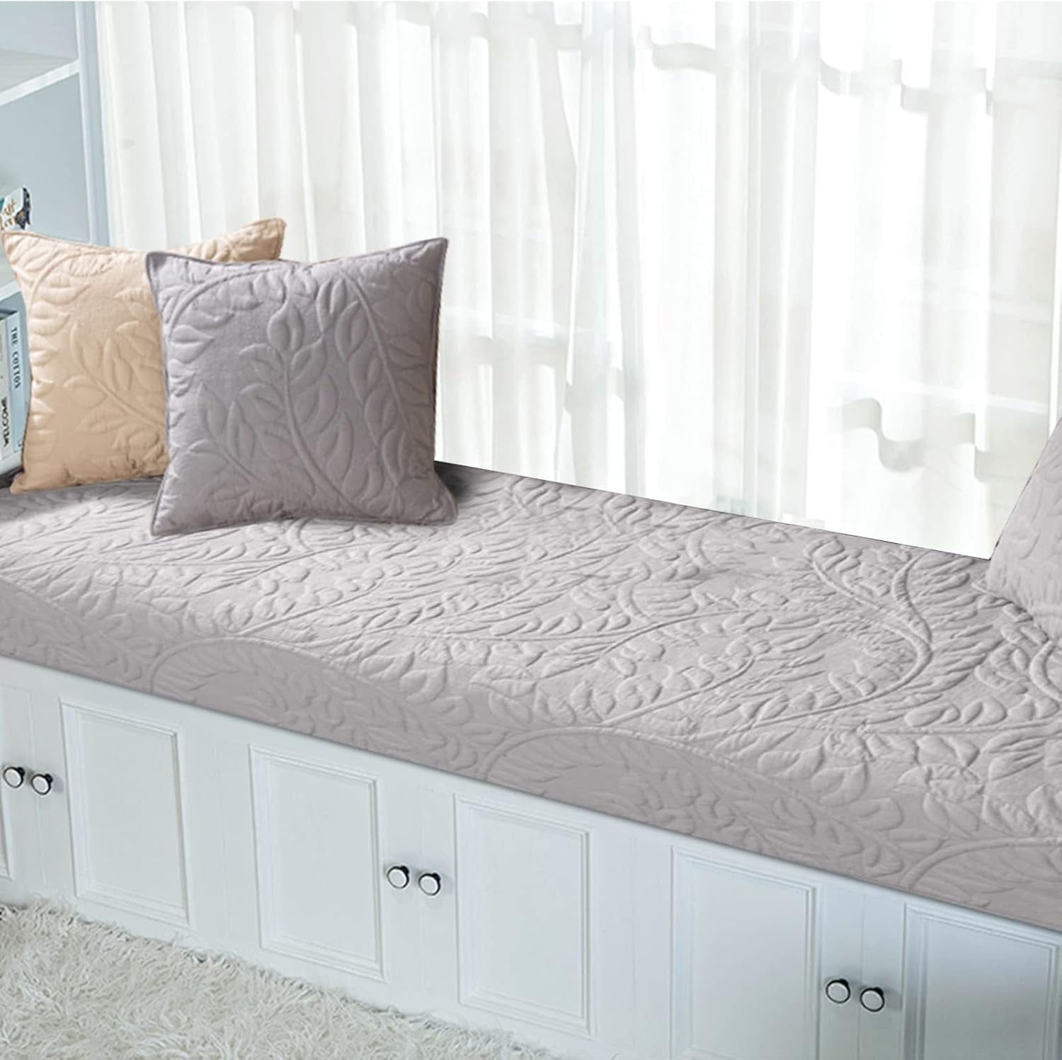 QIUYI Cotton Non-Slip Bay Window Cushion Leaf Decorative Window Seat Cushions Indoor Soft Comfort Bench Cushion Sofa Mat for Leaves Room Decor Bedroom Living Room Reading Nook (Beige)