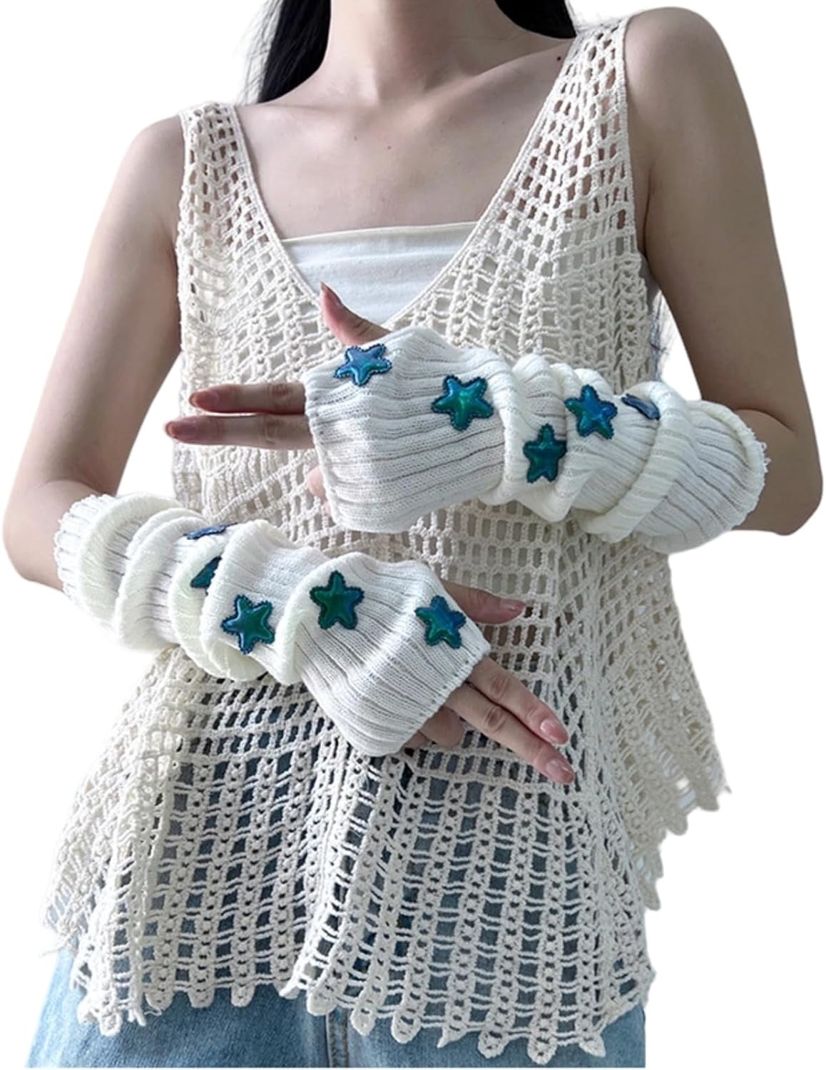 QIUYI Cute Arm Cover Y2K Knitted Arm Warmer Fairy Fingerless