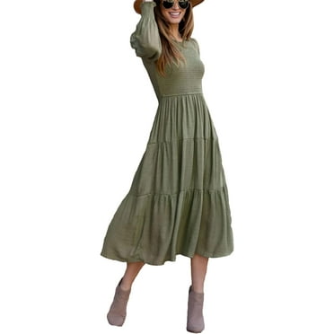 QIUYI Long Sleeve Maxi Dress for Women UK Elegant Smock Dress Vintage Boho Beach Dresses Crewneck Elastic Waist Flowy A Line Dresses