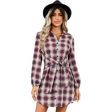 QIUYI Long Sleeve Plaid Shirt Dress Winter Autumn Tartan Mini Dresses for Women Button Down Checkered Blouses with Tie Waist