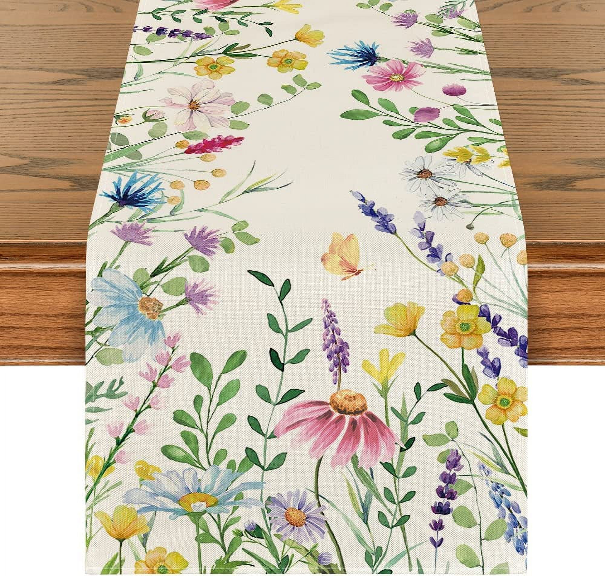 Beige Floral Linen Table Runner with Colorful Botanical Design