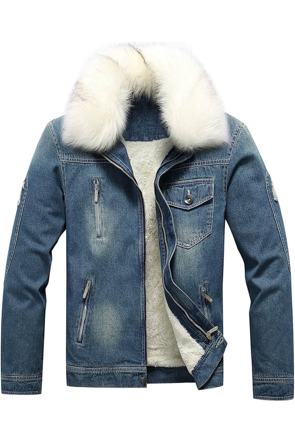 QIUYI Sherpa Lined Jean Jacket for Men with Faux Fur Collar Slim Fit Vintage Distressed Trucker Jacket Windbreakers Plus Size