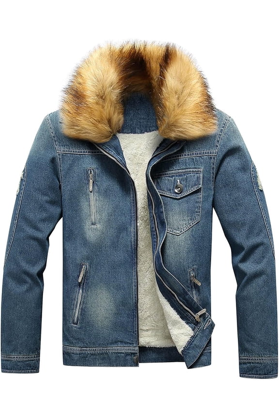 QIUYI Sherpa Lined Jean Jacket for Men with Faux Fur Collar Slim Fit Vintage Distressed Trucker Jacket Windbreakers Plus Size