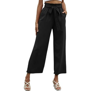 QIUYI Summer Wide Leg Pants for Women Paper Bag Elastic Waisted Pull On Cullote Trousers Loose Fit Crop Palazzo Pants with Pocket