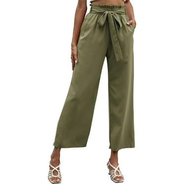 QIUYI Summer Wide Leg Pants for Women Paper Bag Elastic Waisted Pull On Cullote Trousers Loose Fit Crop Palazzo Pants with Pocket
