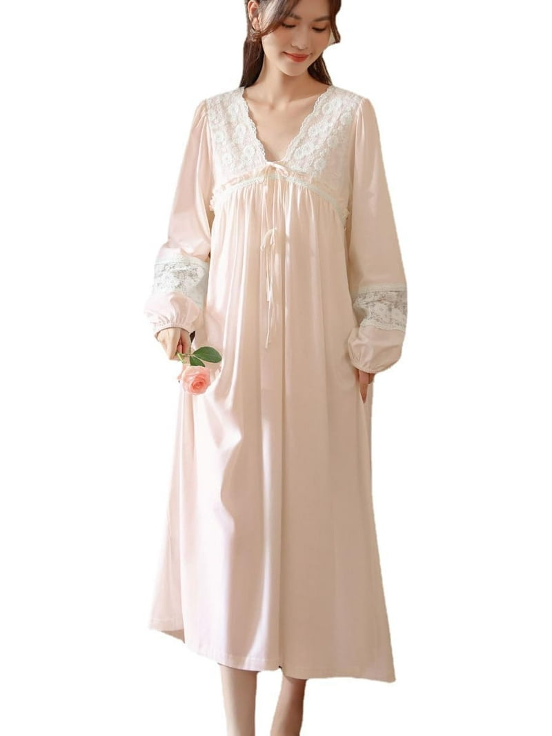 QIUYI Victorian Nightgown for Women Vintage Cotton Nightdress Long Sleeve  Nightgowns Sleepwear Nightwear Lounge Dress - Walmart.com