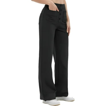 QIUYI Wide Leg Yoga Pants for Women Flared Leggings Stretch Palazzo Trousers Ladies Elasticated High Waisted Button Multiple Pockets Pull On Straight Leg Jogger Casual Leisure Trousers