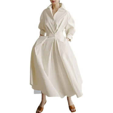 QIUYI Women Maxi Shirt Dress Long Sleeve Button Smocked Waist Long Dress Loose Swing Party Dress with Pockets