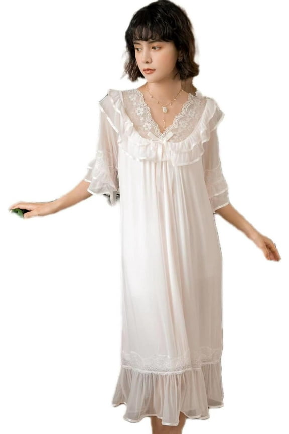QIUYI Women's Lace Vintage Princess Nightdress Sheer Victorian Sleepwear Nightgown Loungewear Nighties Pajamas