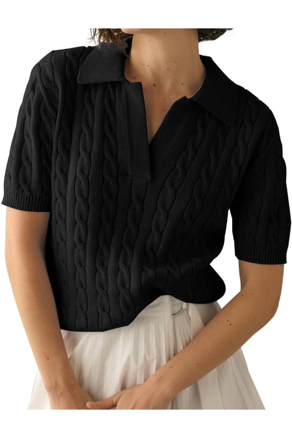 QIUYI Women's Short Sleeve Pullover Sweater Lapel V-Neck Cable Knit Casual Shirt Lightweight Soft Going Out Top