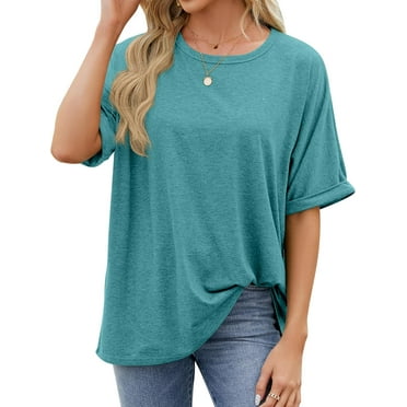 QIUYI Women's Short Sleeve T-Shirts Women Loose Tee Crew Neck Tee Tops Women Roll Up Short Sleeve T Shirts Short Sleeve Oversized Tops Crewneck Summer Basic Casual Loose T-Shirt