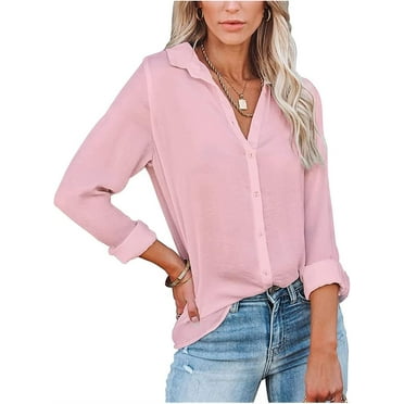 QIUYI Womens Blouse Fashion Solid Color Long Sleeve Button Down Casual Shirts Summer V-Neck Half Sleeve Jacquard Baggy Blouse Tops Simple Pullover for Leisure Office Work S-XXL