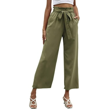 QIUYI Womens Trousers Fashion Summer Solid Color High Waist Straight Leg Pants Casual Loose Cropped Pants with Pockets Lightweight Sports Lounge Pants for Beach Work Joggers S-XL