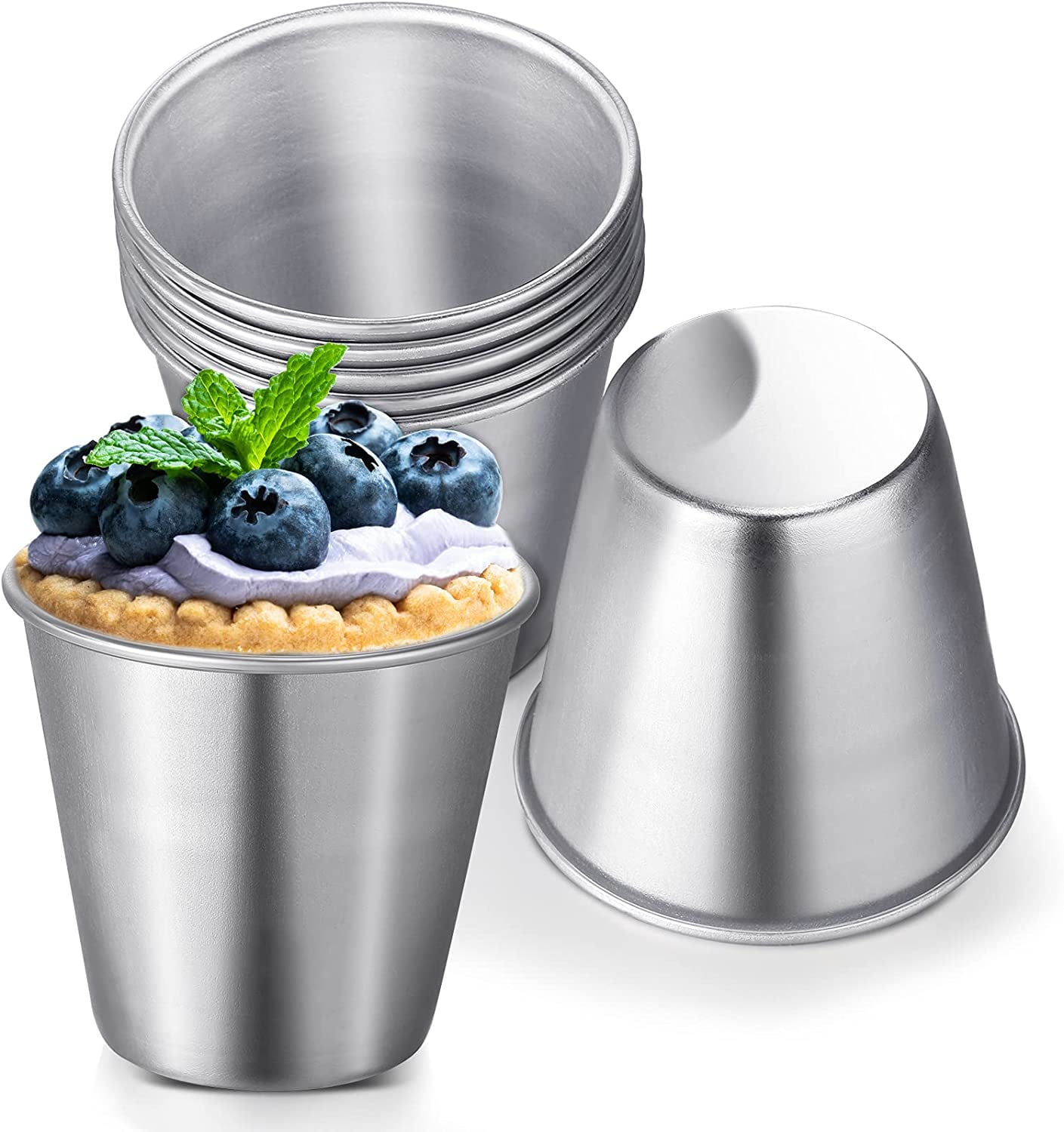 Hoshen 5-Pack 3.3 Inch Round Mini Pudding Cups - Nonstick Carbon Steel Tart/Muffin Molds, Silver