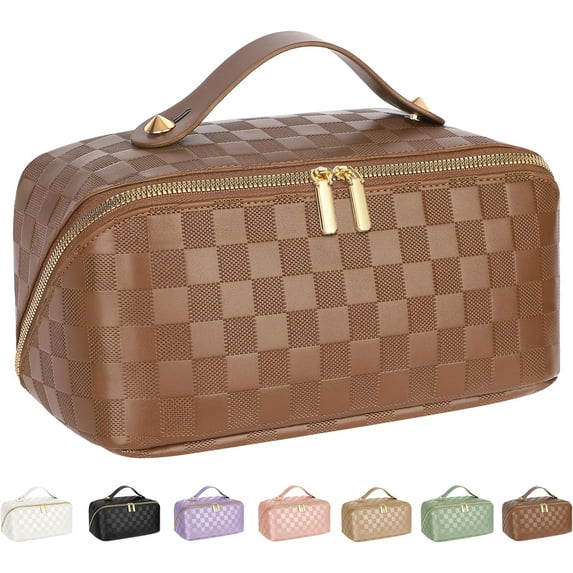 QIUYIDP Large Capacity Travel Cosmetic Bag - Portable Makeup Bags for Women Waterproof PU Leather Checkered Makeup Organizer Bag with Dividers and Handle,Toiletry Bag for Cosmetics