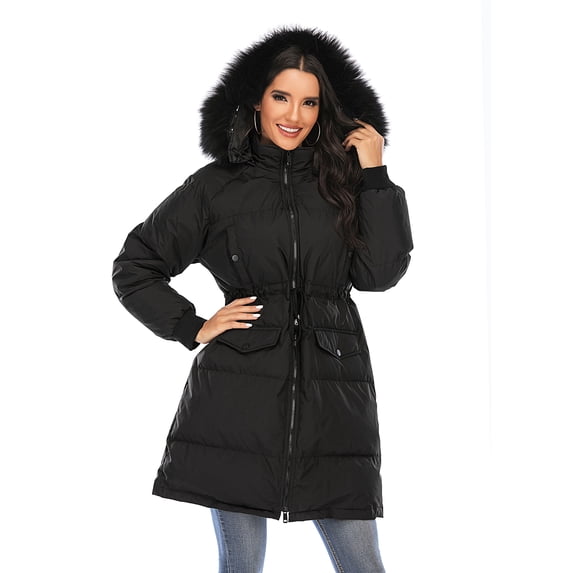 QIYAA Women’s Down Long Jacket Winter Coat Outwear Warm Puffer Fur Trim Hooded Coat Waterproof with Faux Fur Hood