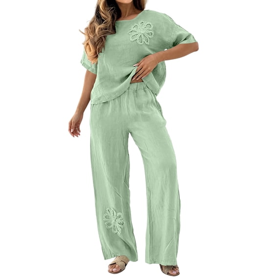 QIYAGBSA 2 Piece Outfits for Women Round Neck Short Sleeve Top and Wide Leg Pants Set with Floral Applique for Summer Vacation (Green, XL)