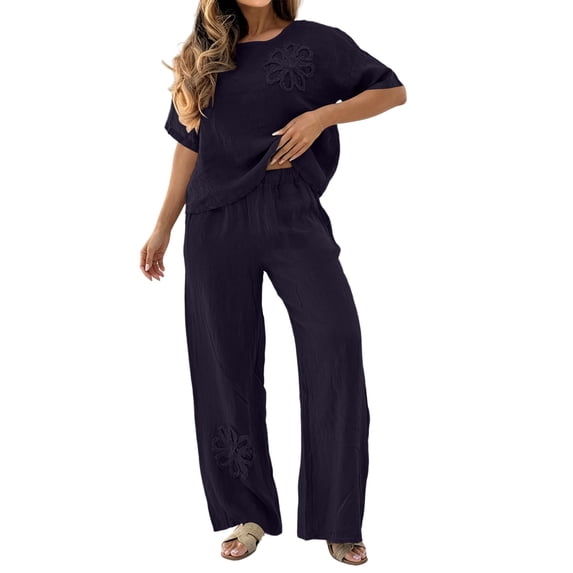 QIYAGBSA 2 Piece Outfits for Women Round Neck Short Sleeve Top and Wide Leg Pants Set with Floral Applique for Summer Vacation (Purple, L)